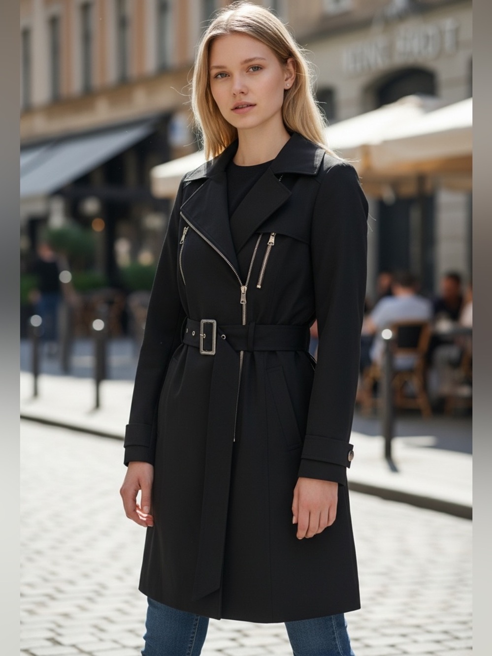 Bebe Black Belted Zip Front Trench With Silver Hardware Size Small